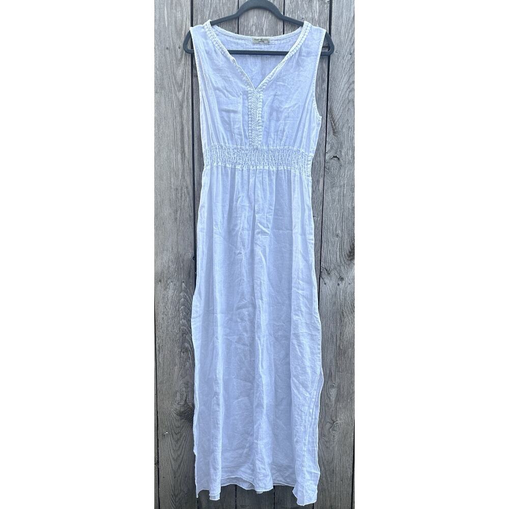 Terzo Millennio White 100% Linen Maxi Dress Italy Smocked Waist Large Beach Vaca